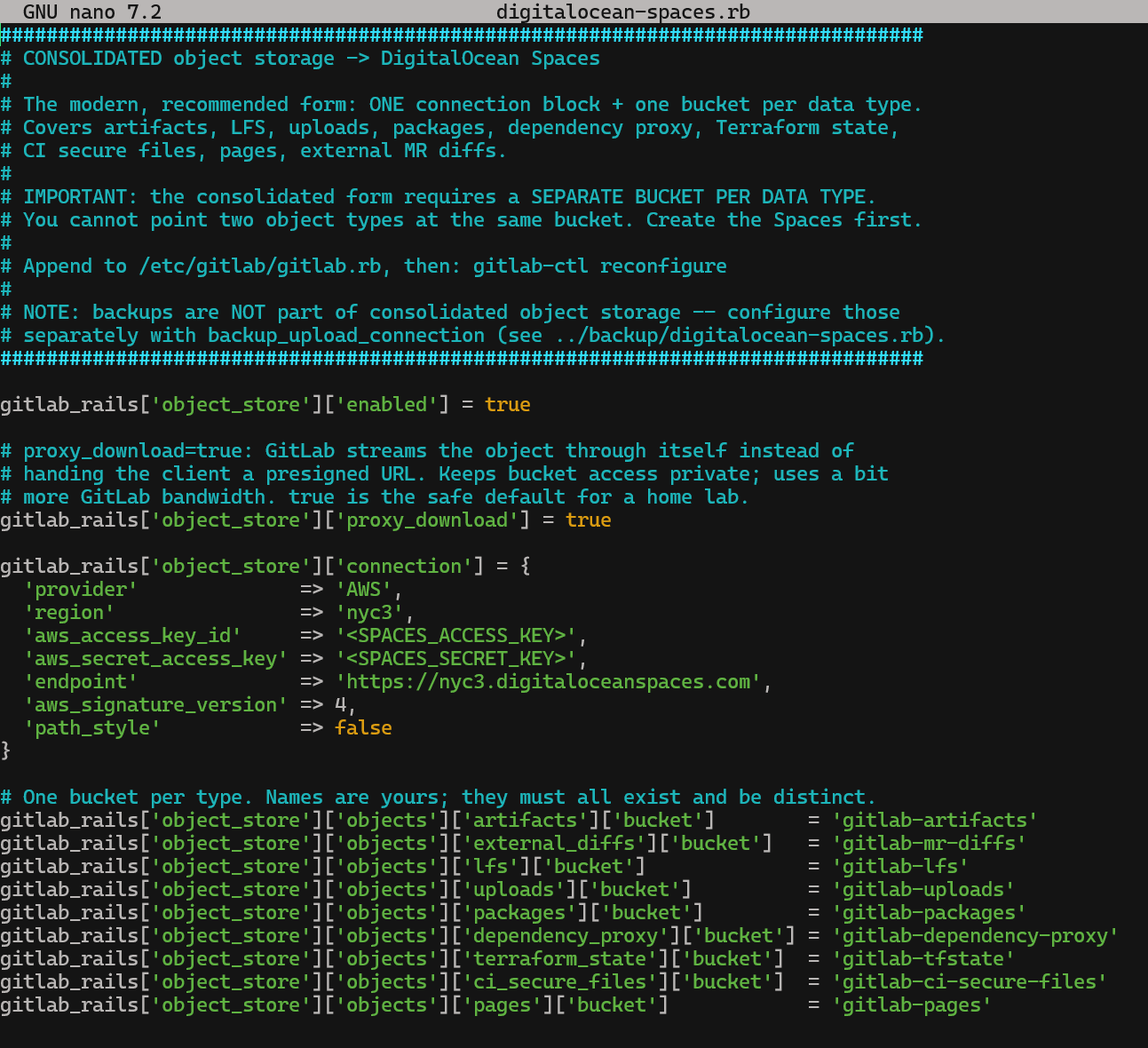 The consolidated DigitalOcean Spaces object-storage config (consolidated/digitalocean-spaces.rb) — identical structure, real region and a digitaloceanspaces.com endpoint