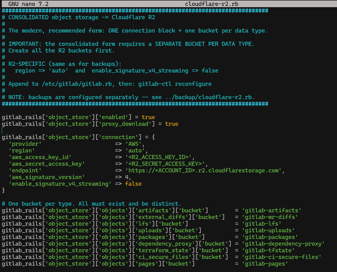 The consolidated Cloudflare R2 object-storage config (consolidated/cloudflare-r2.rb) — one connection block, then a bucket per data type